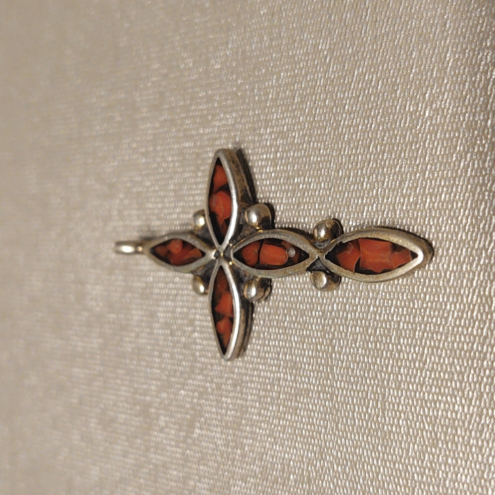 Crushed Brown Stone Sterling Silver Crucifix Pendant